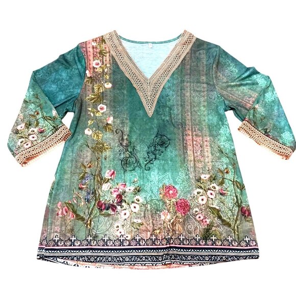 CCC Bohemian Floral Print Short Sleeve Tunic Top Crochet Neckline Cuffs Size Sm - Picture 5 of 9